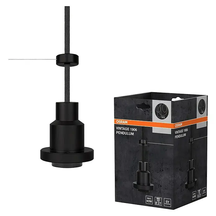 Osram Portalámparas de cuerda Vintage 1906 Pendulum Black - Negro, 200 cm, 60 W, E27 - Primer plano de una lámpara colgante OSRAM Vintage 1906 y su embalaje, destacando el producto y su marca.