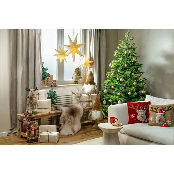Rentierfell Rentier - 100 % Echtfell, 130 x 90 cm, Braun/Weiß/Grau - Festliche Weihnachtsdekoration mit Tannenbaum, Sternen, Wichteln und Rentieren für eine gemütliche, winterliche Atmosphäre im Wohnzimmer.
