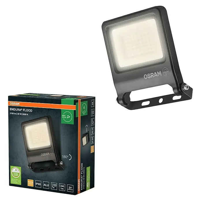 Osram LED-Strahler Endura Flood - 30 W, Anthrazit, Warmweiß, IP65 - OSRAM ENDURA® Flutlichtstrahler mit 3150 lm, 30 W und 3000 K, ideal für den Außenbereich. Robustes Aluminiumgehäuse und warmweißes Licht.