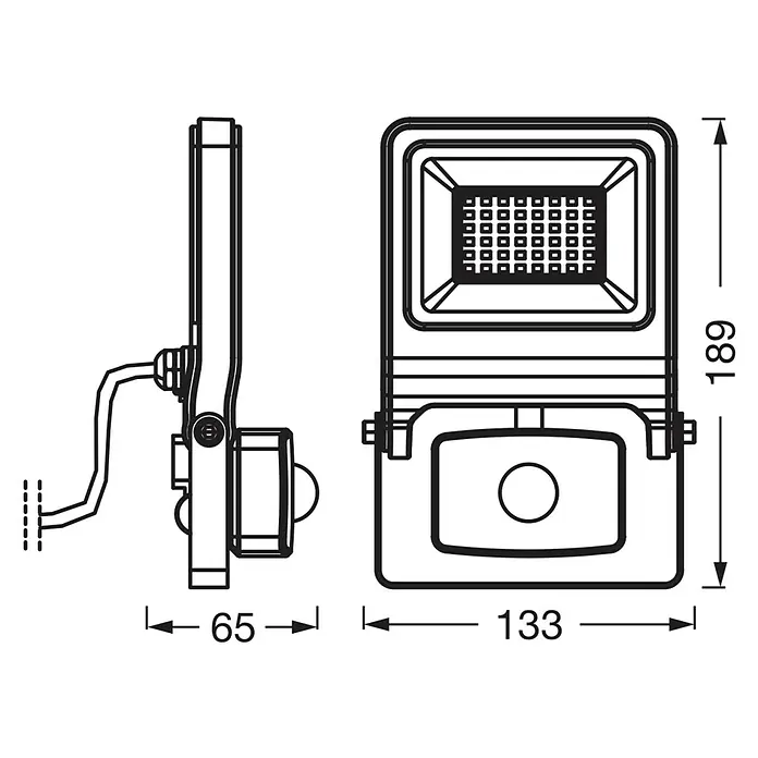 Osram LED-Strahler Endura Flood - 30 W, Anthrazit, Warmweiß, IP44 - Abbildung des LED-Strahlers mit Maßangaben. Der Strahler hat die Maße 65 mm (Seite) x 133 mm (Front) x 189 mm (Höhe).
