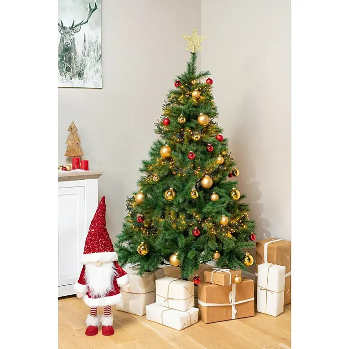 Holz-Weihnachtsbaum - L x B x H: 15 x 10 x 38 cm, Braun, Holz, 1 Stk. - Festlich geschmückter Weihnachtsbaum mit goldenen und roten Kugeln, Sternspitze und Geschenken.