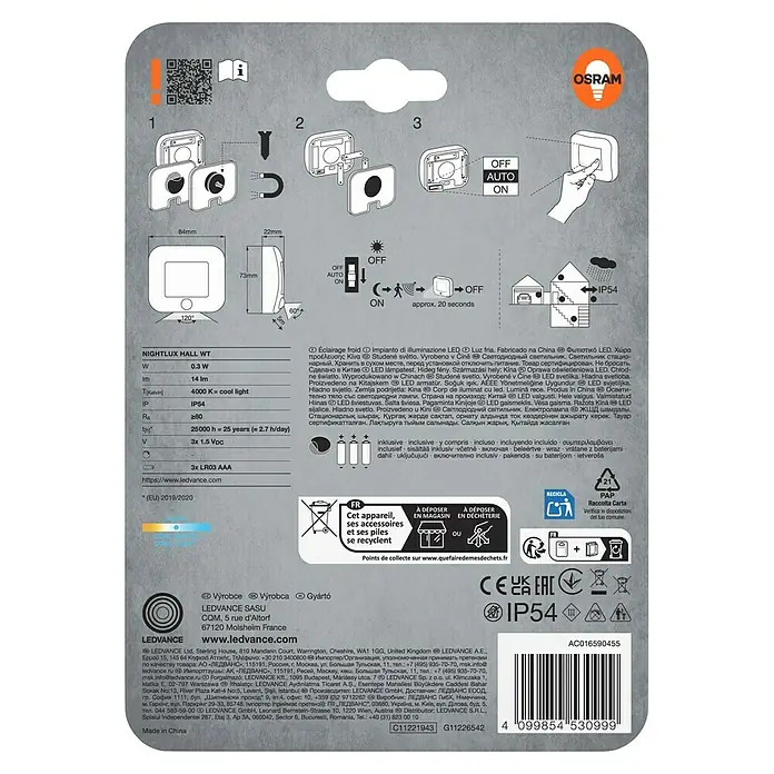 Osram Nightlux LED-Nachtlicht Hall - Schwarz, L x B x H: 8,4 x 7,3 x 2,2 cm - Bild einer Nightlux Hall WT-Lampe, die Montage und Spezifikationen zeigt.