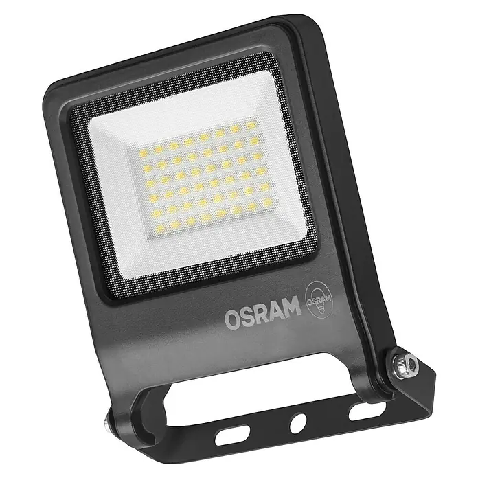 Osram LED-Strahler Endura Flood - 30 W, Anthrazit, Warmweiß, IP65 - Nahaufnahme eines OSRAM LED-Flutlichts, das für seine energieeffiziente Beleuchtung und sein robustes Design bekannt ist.