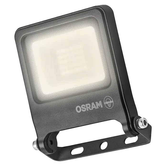 Osram LED-Strahler Endura Flood - 20 W, Anthrazit, Warmweiß, IP65 - Nahaufnahme eines OSRAM LED-Flutlichts, das für seine Energieeffizienz und helle Ausleuchtung bekannt ist. Ideal für den Außenbereich.