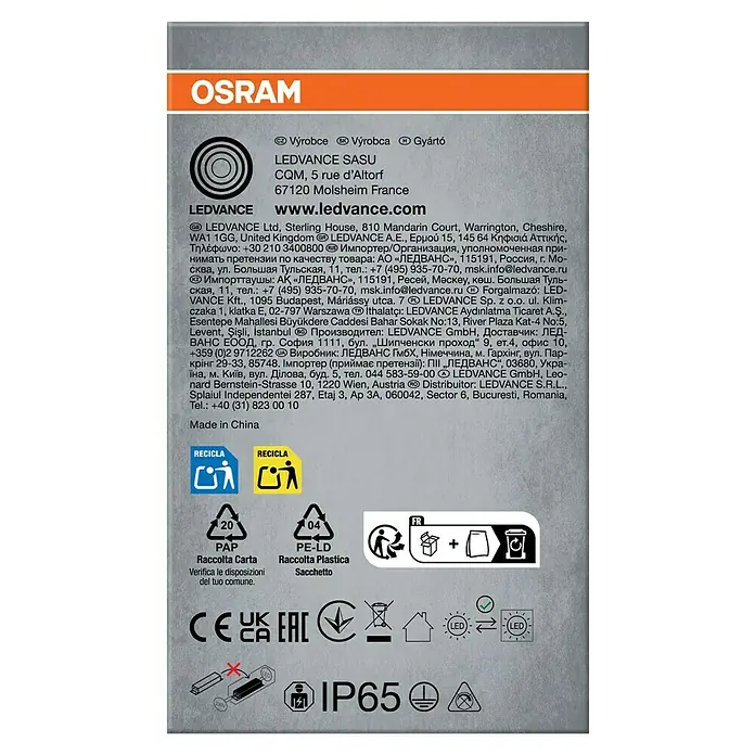 Osram LED-Feuchtraumlichtleiste Submarine - L x B x H: 65,5 x 7,2 x 8,6 cm, Lichtfarbe: Neutralweiß, 7 W, IP65 - Produktinformationen: LEDVANCE Produktverpackung mit Recyclinghinweisen, Herstellungsort und Zertifizierungen.