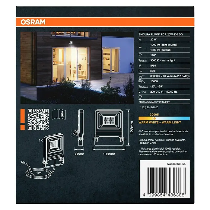Osram LED-Strahler Endura Flood - 20 W, Anthrazit, Warmweiß, IP65 - Osram Endura Flood PCR 20W 830 DG Außenstrahler.