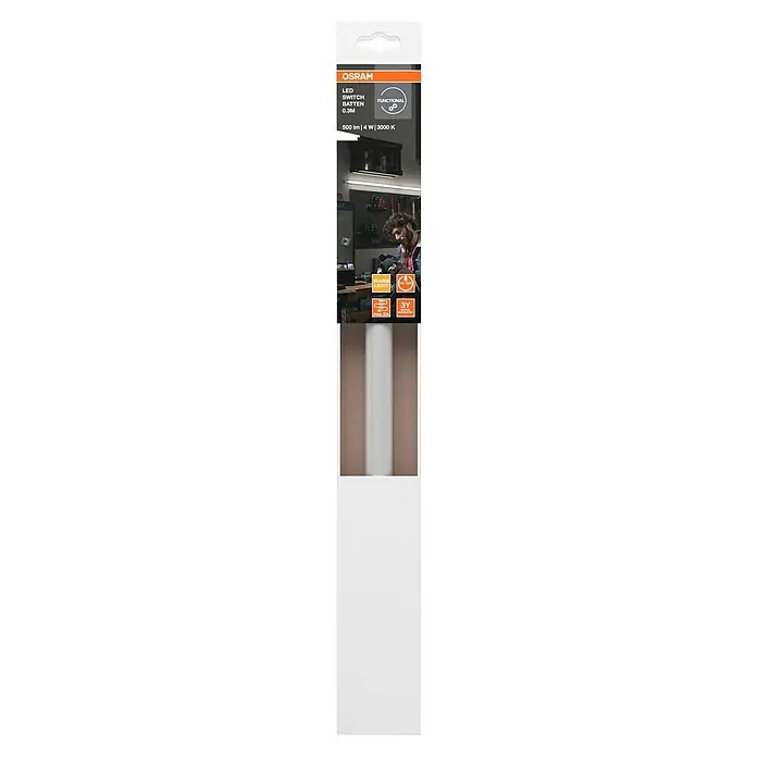Osram LED-Lichtleiste Switch Batten - L x B x H: 31,3 x 2,2 x 3 cm, Lichtfarbe: Warmweiß, 4 W - Produktverpackung einer Osram LED-Schaltleuchte 0,3 m, 500 lm, 4 W, 3000 K, ideal für Werkstätten und funktionale Beleuchtung.