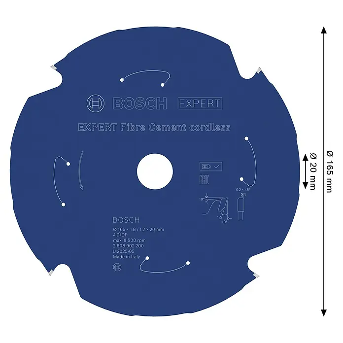 Bosch Expert Disco de sierra Fiber Cement - 165 mm, Orificio: 20 mm, Número de dientes: 4 ud. - Un disco de corte azul Bosch Expert Fibre Cement para herramientas sin cable, ideal para cortar placas de fibrocemento.