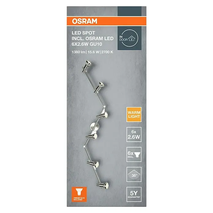 Osram LED-Deckenstrahler - 15,6 W, L x B x H: 1.190 x 80 x 170 mm, Nickel matt, Warmweiß, 6 Stk. - Eine Osram LED-Spotleuchte mit sechs 2,6W GU10-Lampen, ideal für Innenräume, bietet warmes Licht und wird mit 5 Jahren Garantie angeboten.