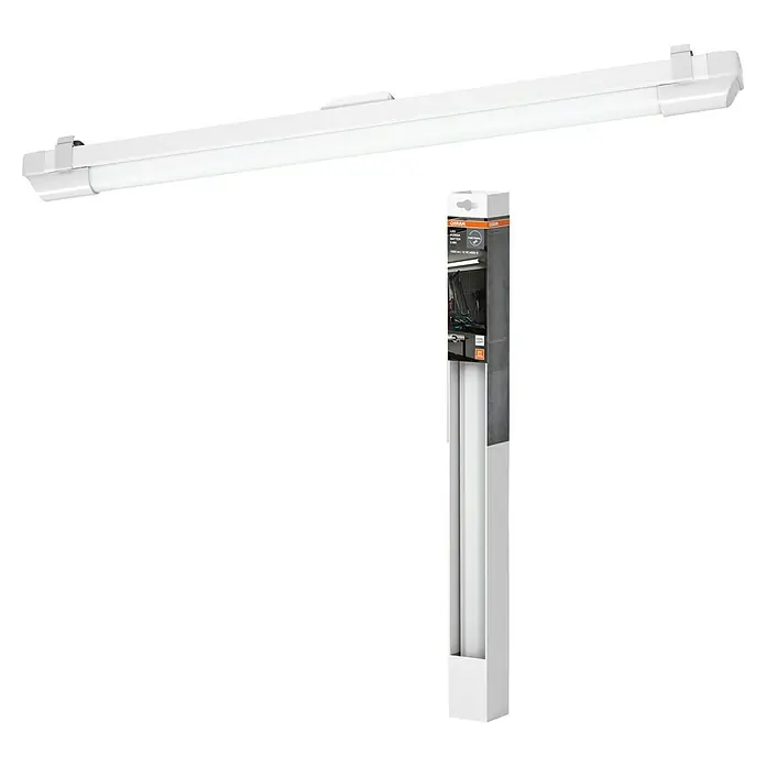 Osram LED-Lichtleiste Power Batten - L x B x H: 60 x 4,1 x 4,8 cm, Lichtfarbe: Kaltweiß, 12 W, 220 V - 240 V - Ein LED-Leuchtmittel der Marke Osram in einer schlanken, weißen Verpackung präsentiert, perfekt für moderne Beleuchtungslösungen.