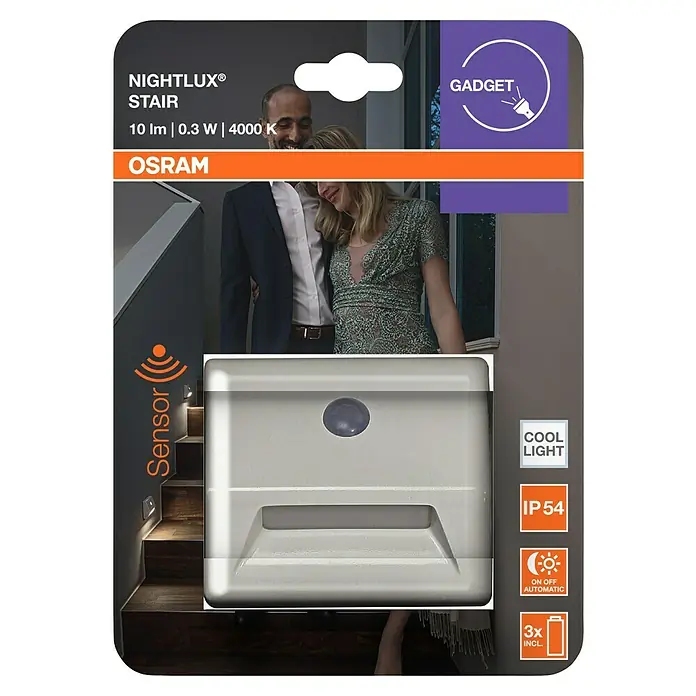 Osram Nightlux LED-Nachtlicht Stair - Silber, 28 x 84 x 73 mm - NIGHTLUX® Treppenleuchte mit 10 lm, 0,3 W und 4000 K. Mit Sensor, kühlem Licht und IP54-Schutz. Inklusive 3 Batterien für automatische Ein-/Ausschaltung.