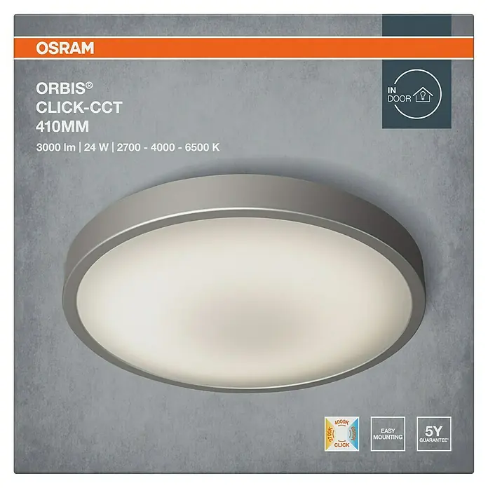 Osram LED-Wand- & Deckenleuchte Clickswitch - 21 W, Weiß, Tageslichtweiß, Durchmesser: 410 mm - Produktbild der runden ORBIS® CLICK-CCT LED-Deckenleuchte (410MM) von Osram, mit Dimmfunktion und einfacher Montage.