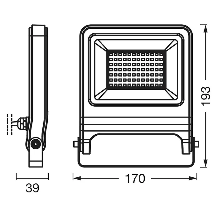 Osram LED-Strahler Endura Flood - 50 W, Anthrazit, Warmweiß, IP65 - Technische Zeichnung eines LED-Strahlers mit Abmessungen. Kompaktes Design für Außenanwendungen.