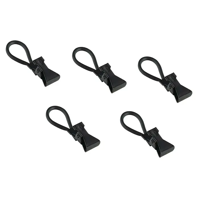 Inofix Set de pinzas - 5 ud., Negro - Primer plano de cinco pinzas de cortina negras con bucles para una fácil fijación. Estas pinzas son ideales para colgar cortinas.