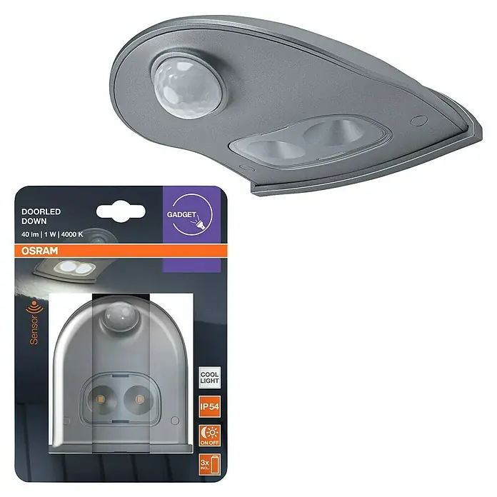 Ledvance Luz para puerta LED Down - Plateado, Funciona con pilas, 102,5 x 92,4 x 36,5 mm - OSRAM DOORLED DOWN con detector de movimiento y embalaje. Ideal para exteriores, 40 lm y 4000 K.