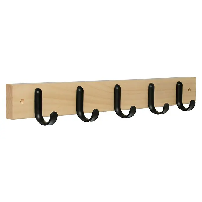 Inofix Perchero 3707 - L x An x Al: 488 x 6 x 52 cm, Madera, Arce/Negro - Perchero de madera con seis ganchos negros, ideal para montaje en pared y colgar chaquetas, sombreros y accesorios en pasillos o habitaciones.