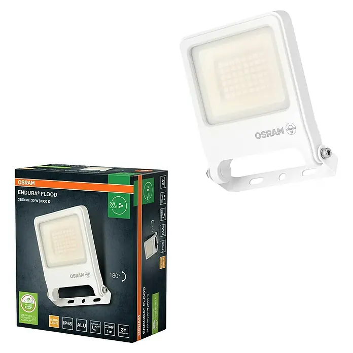 Osram LED-Strahler Endura Flood - 30 W, Weiß, Warmweiß, IP65 - Das Bild zeigt einen weißen OSRAM Endura Fluter mit Kartonverpackung, ein leistungsstarkes und effizientes Beleuchtungsprodukt für den Außenbereich.