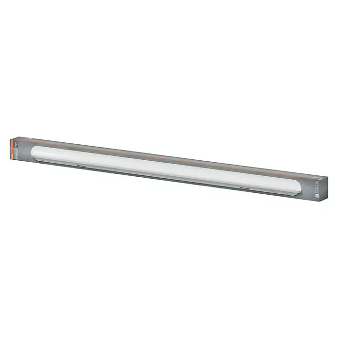 Osram Feuchtraumleuchte Submarine - Länge: 150 cm, Lichtfarbe: Neutralweiß, 48 W, IP65 - Eine verpackte, längliche, weiße LED-Leuchte mit abgerundeten Enden und einer schlichten grauen Verpackung.