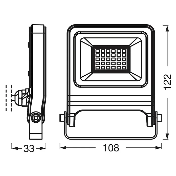 Osram LED-Strahler Endura Flood - 20 W, Anthrazit, Warmweiß, IP65 - Abbildung eines LED-Strahlers mit den Maßen 122 x 108 x 33 mm, technische Zeichnung für Produktdetails.