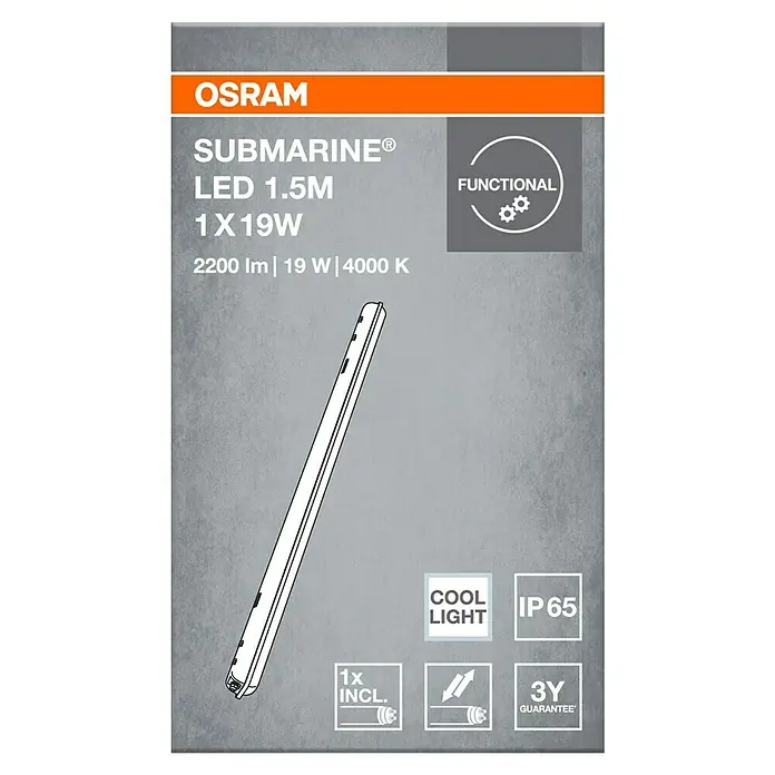 Osram LED-Feuchtraumlichtleiste Submarine - L x B x H: 156,5 x 7,2 x 8,6 cm, Lichtfarbe: Neutralweiß, 19 W, IP65 - Produktverpackung für OSRAM Submarine LED 1.5M Leuchte, 1x19W, mit 2200lm, 19W und 4000K, inklusive Zubehör und IP65 Schutz.
