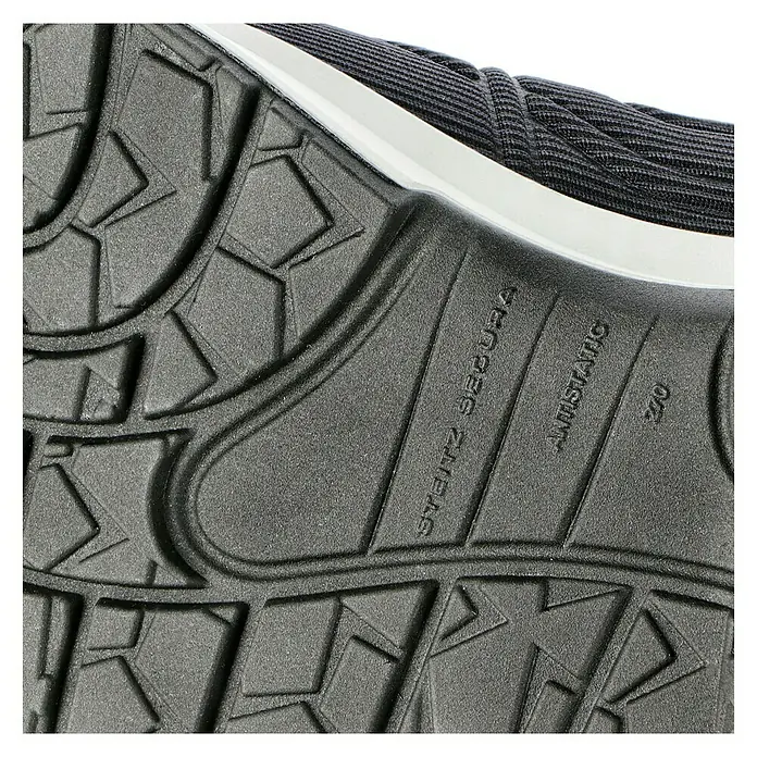 Steitz Secura Sicherheitshalbschuh CP 4380 SF - 42, Schutzklasse nach EN ISO 20345: S3, Blau/Neon - Nahaufnahme der rutschfesten, antistatischen Sohle eines Steitz Secura Schuhs, ideal für sicheren Halt im Arbeitsalltag.