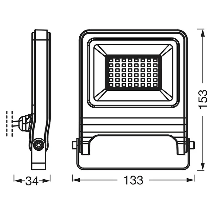 Osram LED-Strahler Endura Flood - 30 W, Anthrazit, Warmweiß, IP65 - Eine detaillierte Zeichnung eines LED-Strahlers mit Maßangaben. Die Abmessungen sind 153mm Höhe, 133mm Breite und 34mm Tiefe.