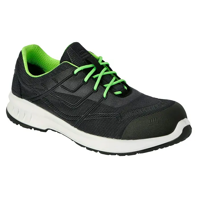 Steitz Secura Sicherheitshalbschuh CP 4380 SF - 42, Schutzklasse nach EN ISO 20345: S3, Blau/Neon - Schwarzer Sicherheitsschuh mit grünen Schnürsenkeln und weißer Sohle für optimalen Schutz und Komfort bei der Arbeit.