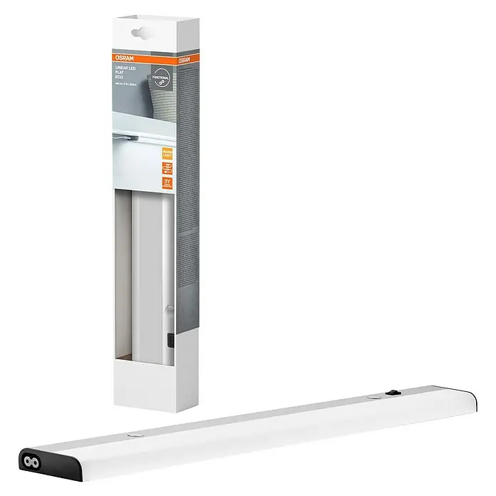 Osram Linear LED-Unterbauleuchte LED Flat - 6 W, Länge: 370 mm, Warmweiß - Nahaufnahme eines Osram Linear LED Flat ECO Lichtleiste, sowohl in der Verpackung als auch separat, ideal für funktionale Beleuchtungslösungen.