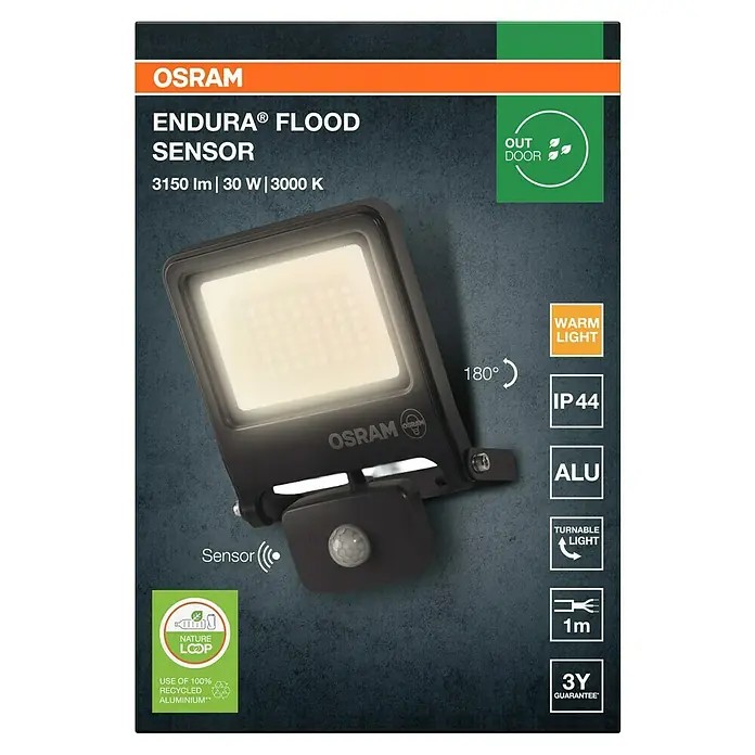 Osram Proyector LED Endura Flood - 30 W, Acero inoxidable, Blanco cálido, IP44 - Imagen de un foco Osram Endura con sensor de movimiento. La lámpara es adecuada para uso en exteriores y tiene una luz blanca cálida.