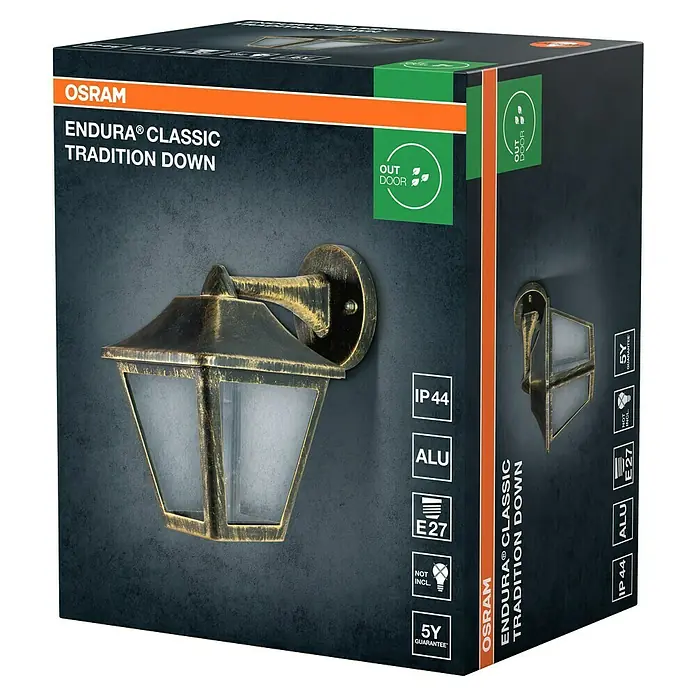 Osram Endura Classic Außenwandleuchte Tradition - Hängend, 23 x 17 x 23 cm, Schwarz, IP44 - Produktverpackung der Osram Endura Classic Tradition Down Außenleuchte in rustikalem Goldton, ideal für den Außenbereich.