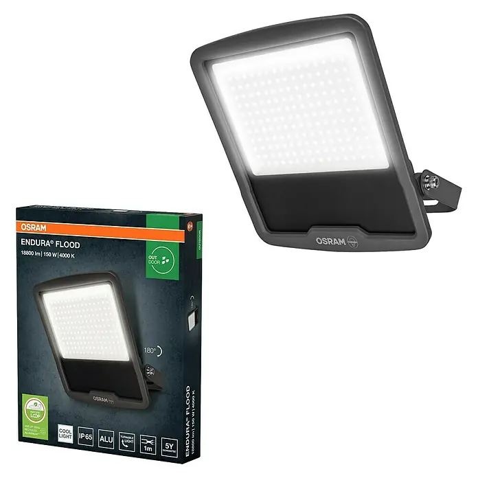 Osram Proyector LED Endura Flood - 150 W - La imagen muestra un foco de exterior Osram Endura Flood, con 18800 lúmenes, 150 vatios y una temperatura de color de 4000 Kelvin, incluyendo el embalaje.