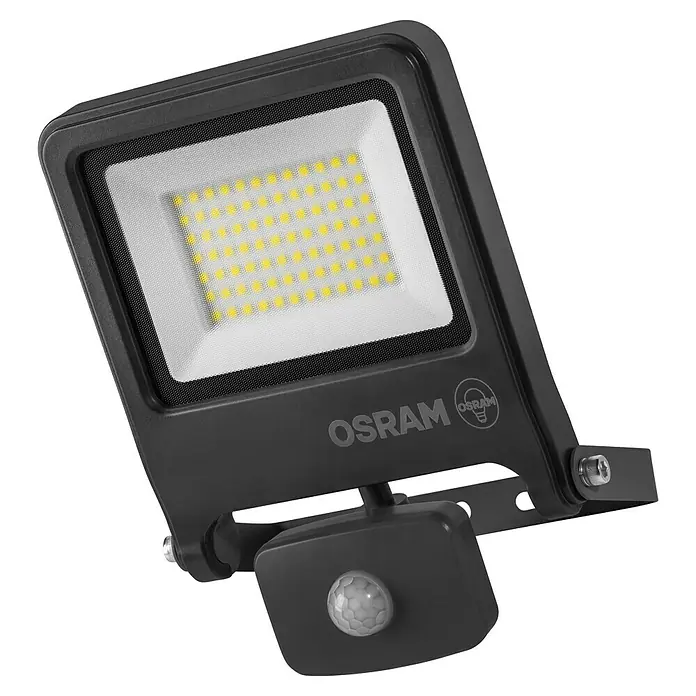 Osram Proyector LED Endura Flood - 50 W, Acero inoxidable, Blanco cálido, IP44 - La imagen muestra un foco LED de exterior OSRAM gris con sensor de movimiento. El foco tiene forma cuadrada con un difusor blanco.