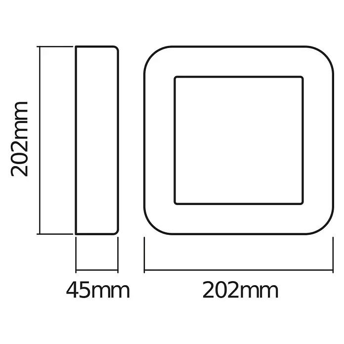 Osram LED-Außenwandleuchte Square - 13 W, 4,5 x 20,2 x 20,2 cm, Dunkelgrau, IP44 - Abbildung des quadratischen Aufputz LED Panel mit abgerundeten Ecken und Maßen.