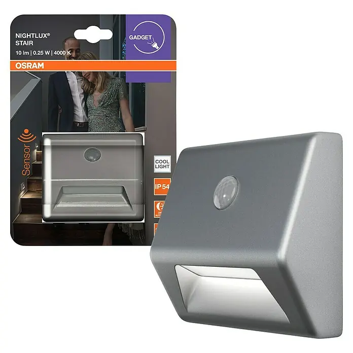 Osram Nightlux LED-Nachtlicht Stair - Schwarz, 28 x 84 x 73 mm - Das Nachtlicht "Nightlux Stair" von Osram mit Sensor, ideal für Treppen. Es liefert 10 Lumen bei 0.25 W und 4000 K.
