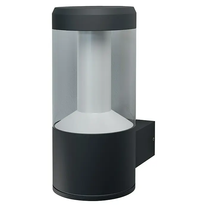 Osram Endura Style Aplique exterior LED Lantern Modern - 11,5 W, 17,6 x 11 x 24 cm, Gris oscuro, IP44 - Primer plano de una lámpara de exterior moderna con un diseño cilíndrico y un esquema de color gris.
