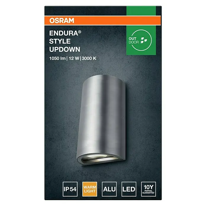 Ledvance Aplique exterior LED Endura UpDown - 11,5 W, 5,5 x 9 x 16 cm, Antracita, IP44 - Imagen de una luz exterior OSRAM ENDURA® STYLE UPDOWN, que proporciona 1050 lm, 12 W y 3000 K de luz blanca cálida.