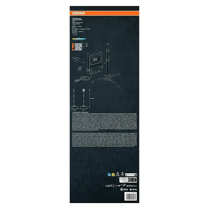 Osram LED-Arbeitsleuchte Tripod L - Lichtfarbe: Neutralweiß, IP65, 50 W - Abbildung der Verpackung der Osram LED Worklight 1X50W 840 Stativleuchte. Mit Produktdetails, Zubehör und technischen Daten für den Baustelleneinsatz.