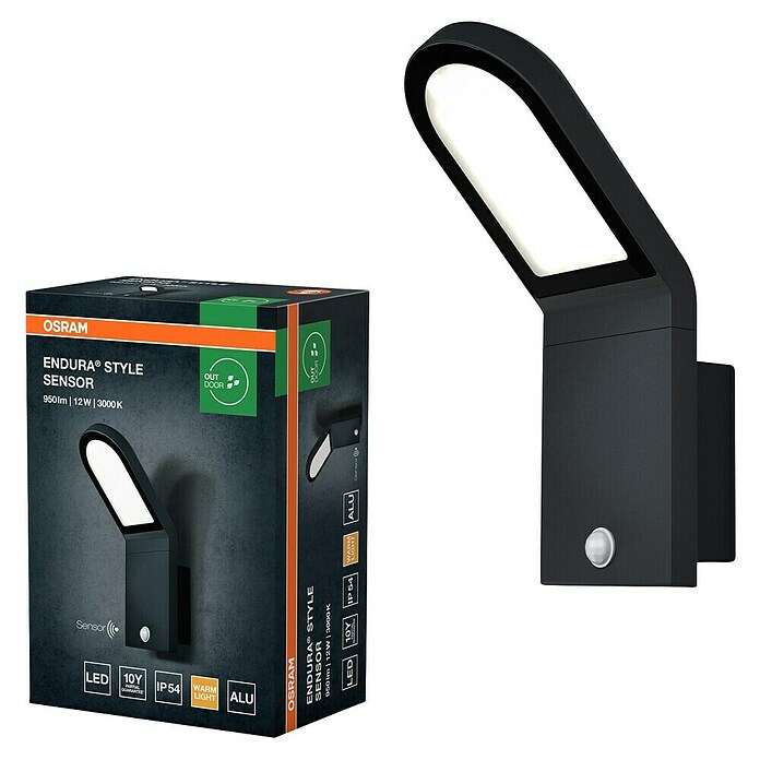 Osram Endura Style Aplique exterior LED con sensor (1 luz, 12 W, Blanco cálido, IP44, Detector de movimiento)