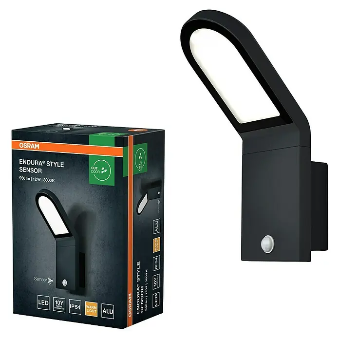 Osram Endura Style LED-Sensor-Außenwandleuchte Wall - 12 W, L x B x H: 16,8 x 10 x 27,3 cm, Dunkelgrau, Warmweiß - Abbildung einer OSRAM Endura Style Sensor Außenleuchte und ihrer Verpackung.