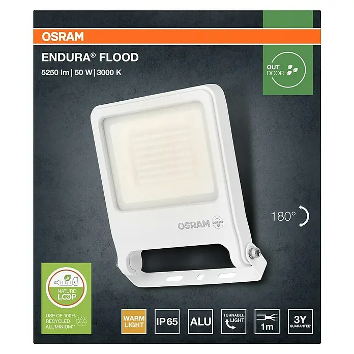 Osram LED-Strahler Endura Flood - 50 W, Weiß, Warmweiß, IP65 - Abbildung eines weißen OSRAM ENDURA® FLOOD-Strahlers mit 5250 lm, 50 W und 3000 K, ideal für den Außenbereich und energiesparend.