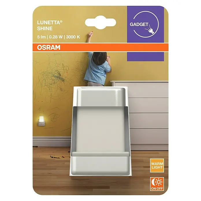 Osram LED-Nachtlicht Lunetta Shine - 0,28 W, Weiß, L x B x H: 6 x 6 x 9 cm, Warmweiß - Abbildung der LUNETTA® SHINE Lampe von OSRAM, ein Gadget mit 5 Im und 3000 K für warmes Licht und Ein/Aus-Funktion, präsentiert auf einer Produktverpackung.