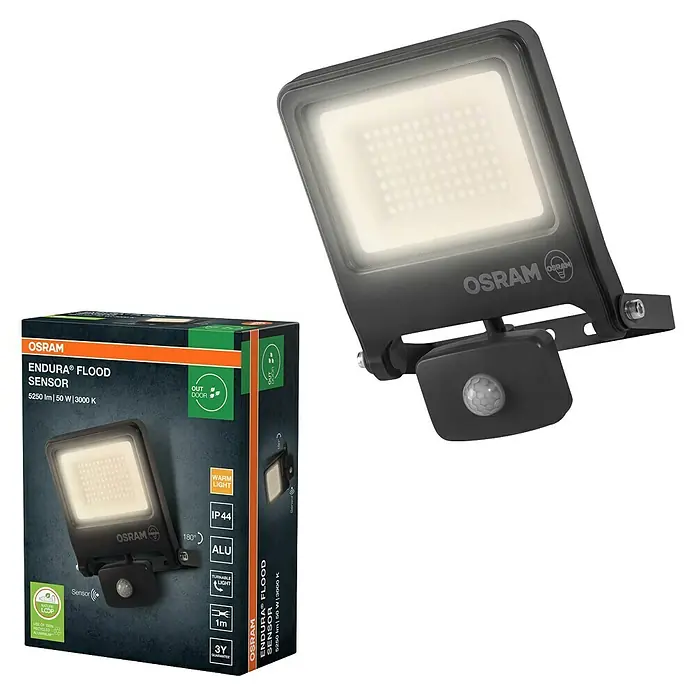 Osram LED-Strahler Endura Flood - 50 W, Anthrazit, Warmweiß, IP44 - Produktbild einer OSRAM Endura Flood Sensor Außenleuchte mit Bewegungsmelder, ideal für die Beleuchtung von Außenbereichen.