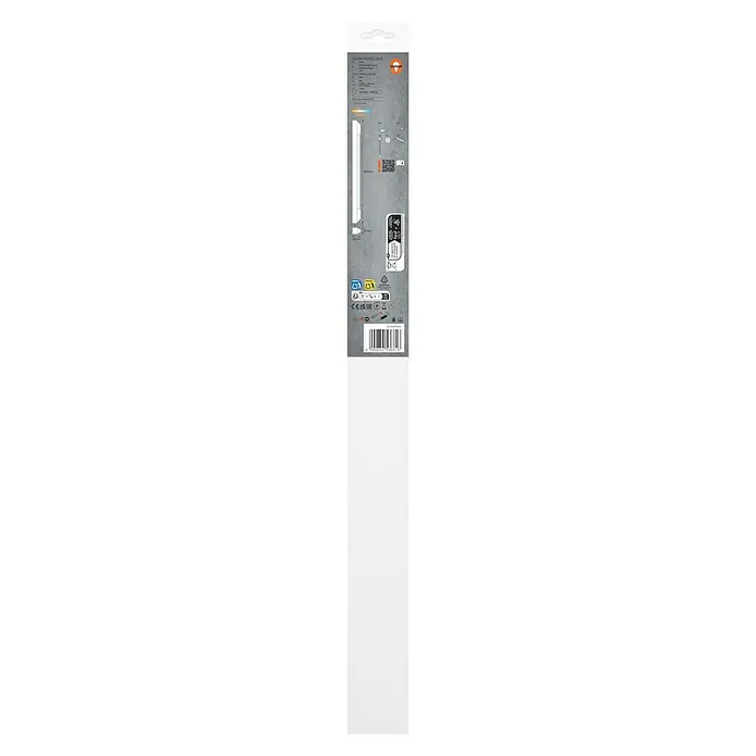 Osram LED-Lichtleiste Power Batten - L x B x H: 60 x 4,1 x 4,8 cm, Lichtfarbe: Warmweiß, 12 W, 220 V - 240 V - Eine detaillierte Darstellung der technischen Spezifikationen und Abmessungen einer LED-Leuchte, inklusive Barcode und Zertifizierungen.
