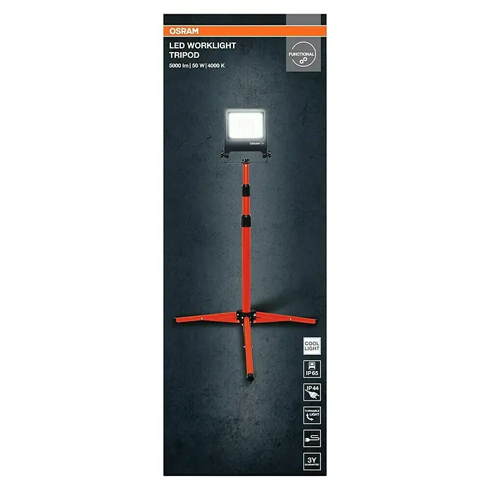 Osram LED-Arbeitsleuchte Tripod L - Lichtfarbe: Neutralweiß, IP65, 50 W - Abbildung einer OSRAM LED-Arbeitsleuchte mit Stativ. Die Leuchte ist orange und schwarz und hat eine Lichtleistung von 5000 Lumen.