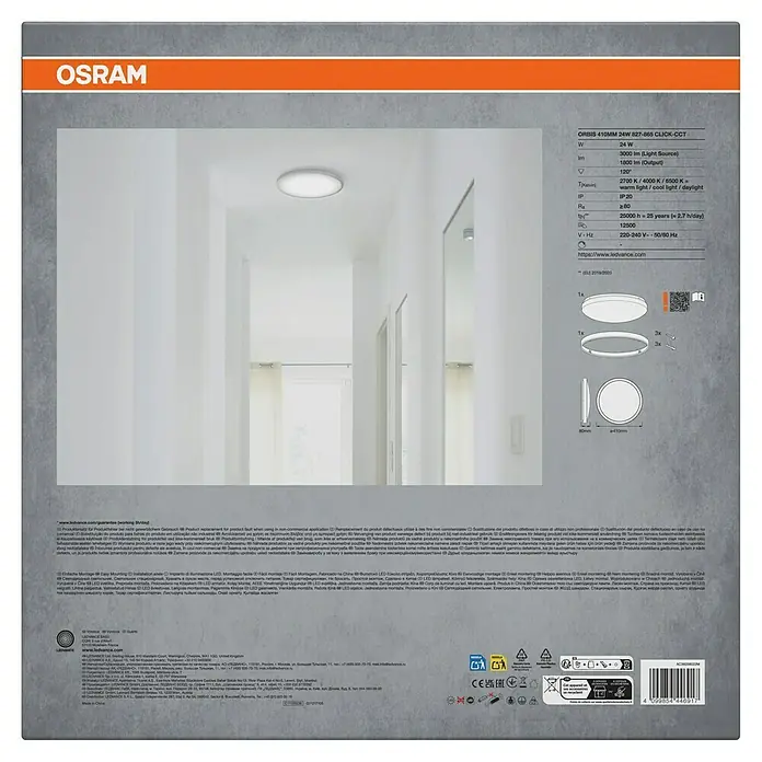 Osram LED-Wand- & Deckenleuchte Clickswitch - 21 W, Weiß, Tageslichtweiß, Durchmesser: 410 mm - Das Bild zeigt eine OSRAM ORBIS 410MM 24W 827-865 CLICK-CCT Deckenleuchte mit technischen Details und Anwendungsbeispiel.
