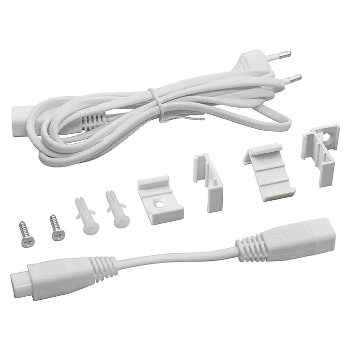 Osram LED-Lichtleiste Switch Batten - L x B x H: 31,3 x 2,2 x 3 cm, Lichtfarbe: Warmweiß, 4 W - Bild einer weißen LED-Leuchte mit Zubehör. Inklusive Kabel, Halterungen, Schrauben und Dübel für die einfache Installation.