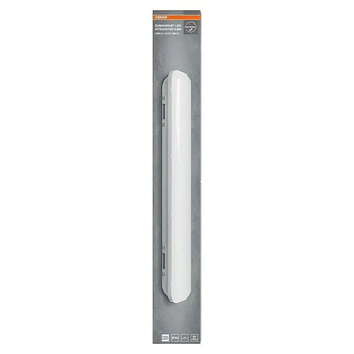 Osram Feuchtraumleuchte Submarine - Länge: 60 cm, Lichtfarbe: Neutralweiß, 18 W, IP65 - Das Bild zeigt eine Osram Submarine LED-Leuchte, integriert, 0,6 m, mit 1900 Lumen, 18 W und 4000 K. Sie ist funktional und hat IP65 Schutz.