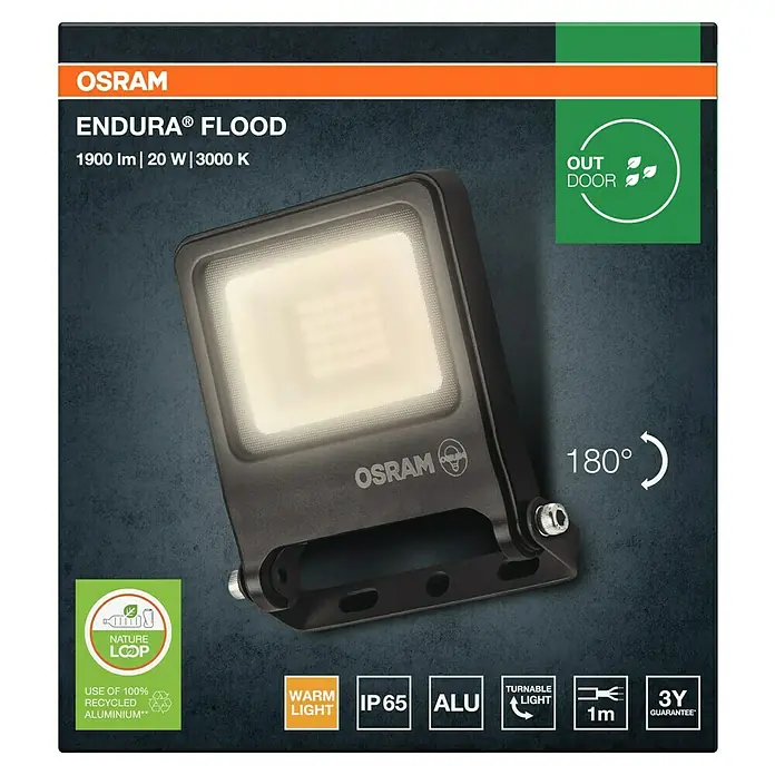 Osram LED-Strahler Endura Flood - 20 W, Anthrazit, Warmweiß, IP65 - Abbildung einer Osram Endura® Flood-Leuchte, die mit 1900 lm, 20 W und 3000 K eine effiziente und langlebige Beleuchtungslösung bietet.