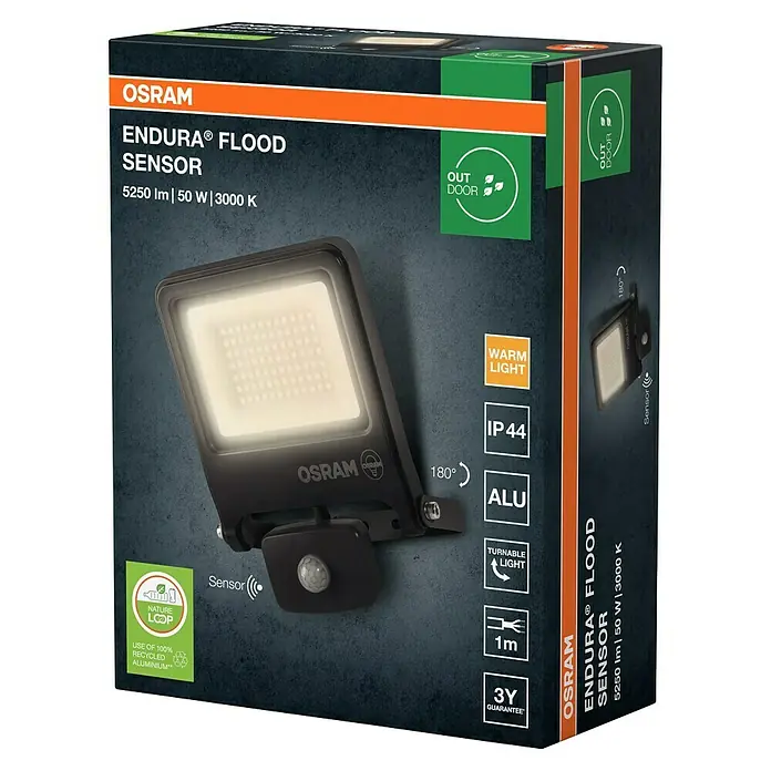 Osram Proyector LED Endura Flood - 50 W, Acero inoxidable, Blanco cálido, IP44 - Imagen de una luz Osram Endura Flood Sensor. Una solución de iluminación potente y energéticamente eficiente con sensor de movimiento para exteriores.
