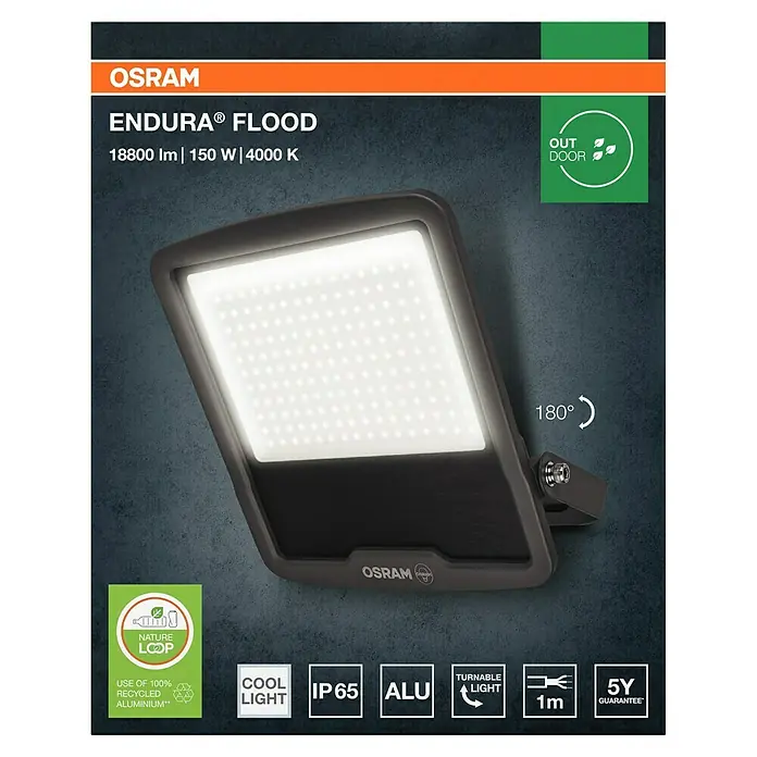 Osram Proyector LED Endura Flood - 150 W - Imagen de un foco OSRAM ENDURA® FLOOD con 18800 lm, 150 W y 4000 K, apto para uso exterior y fabricado con aluminio reciclado.